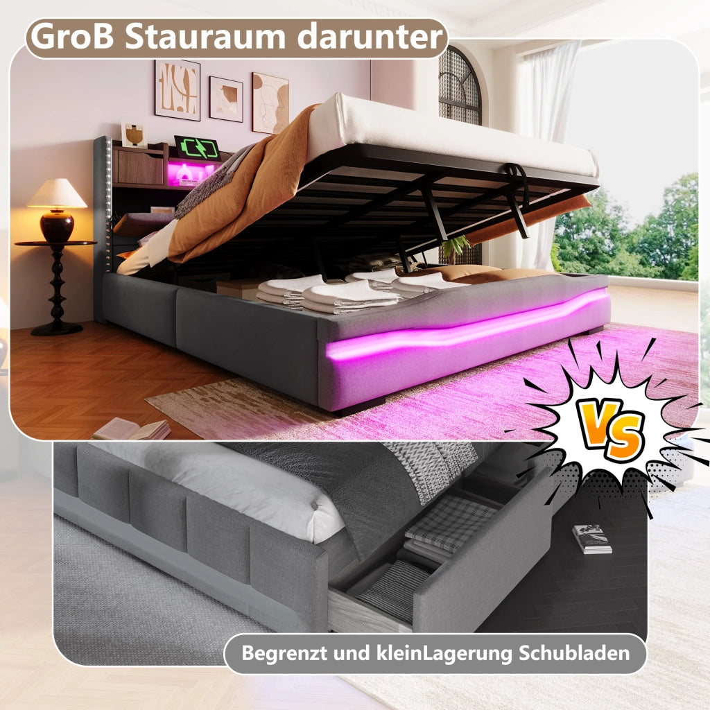 DESMIU Litto contenitore 180 × 200 cm 2 posti con vano idraulico, USB, Type-C e LED, senza materasso, grigio