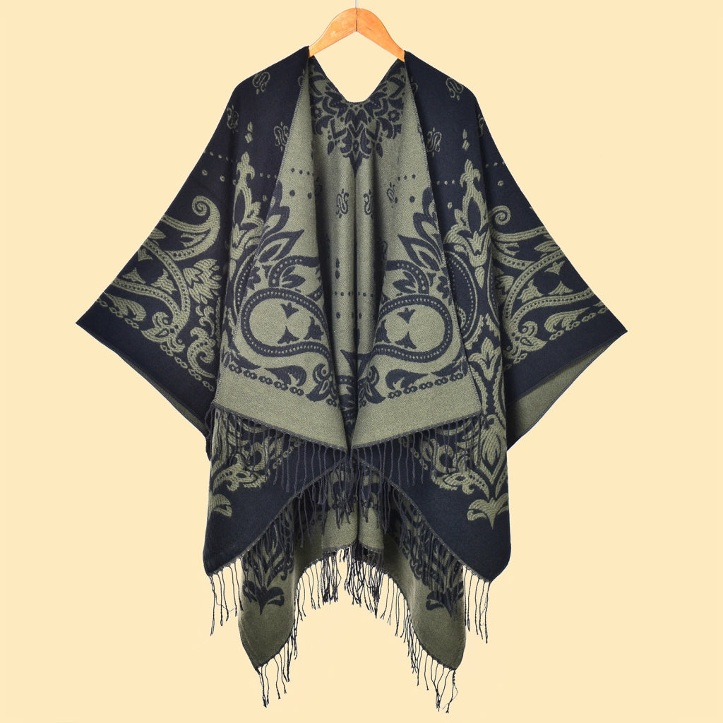 Sciarpa da donna Cashew con nappe e spacco, jacquard double face, spessa e calda.