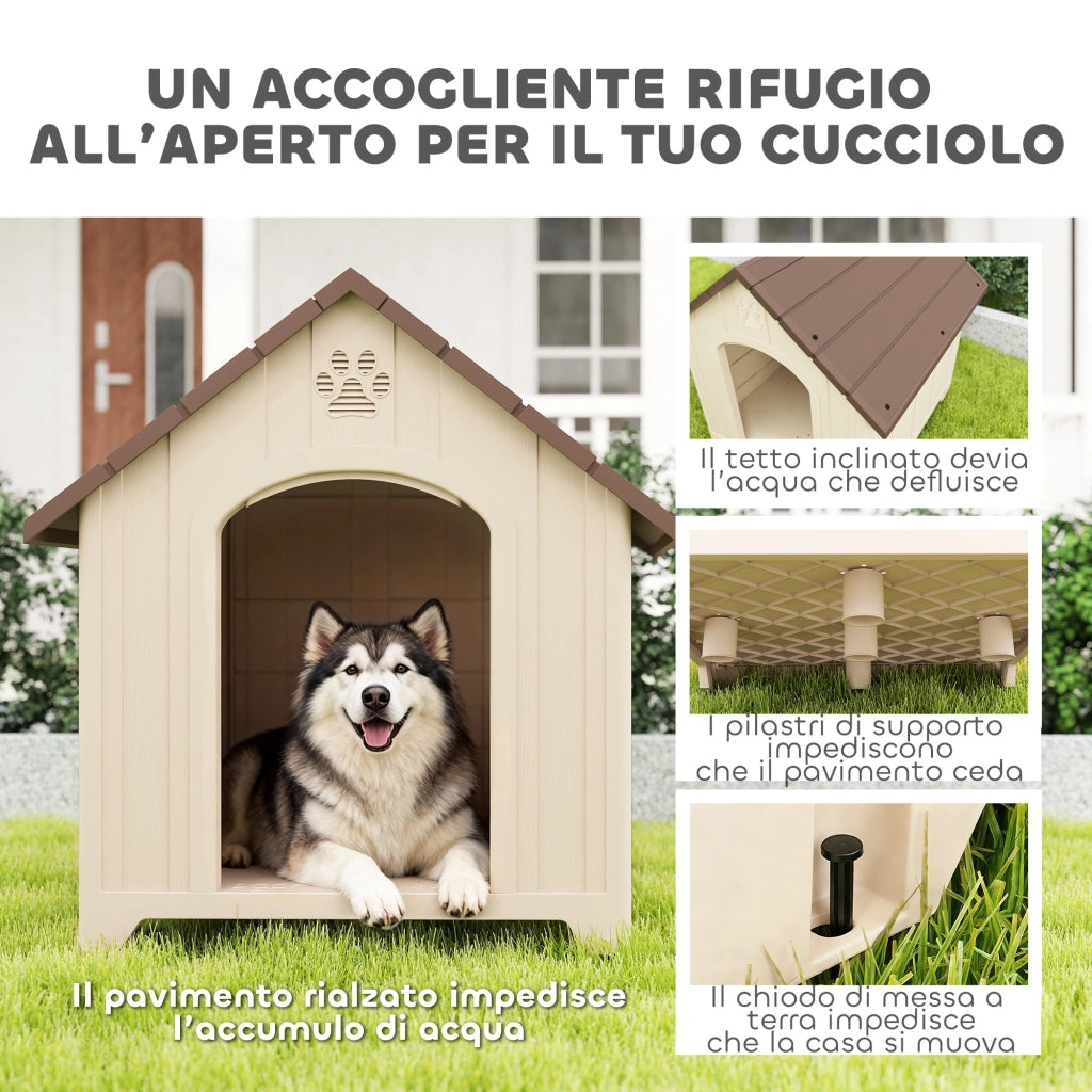 Cuccia per Cani Rialzata 102x94x103 cm con Tetto Inclinato e Prese d'Aria in PP Beige e Marrone Scuro