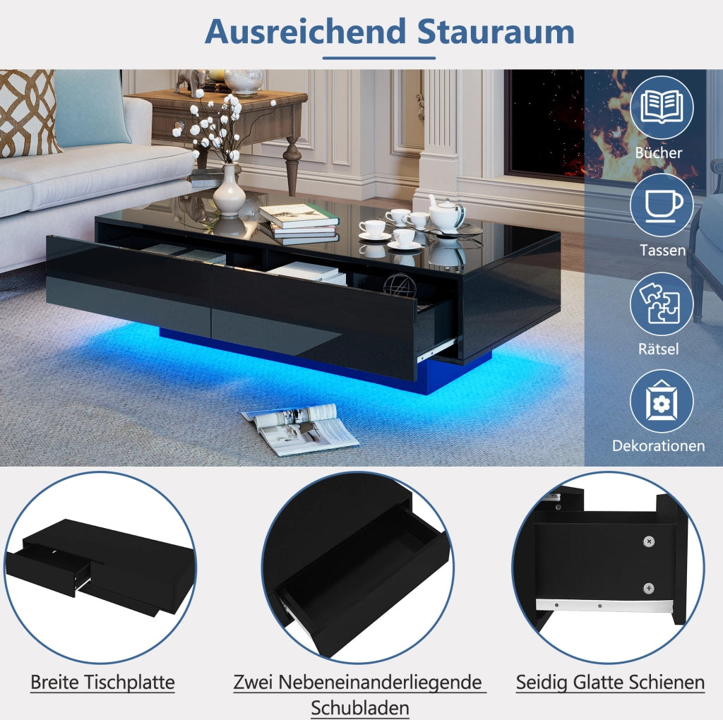 Tavolino da caffè nero lucido con LED e 2 cassetti, 115 x 55 x 34 cm