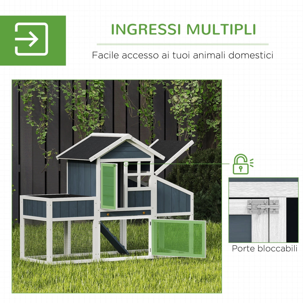 Pollaio Prefabbricato in Legno con Area Aperta, Casetta e Nido, 161.5x62.5x115cm, Grigio