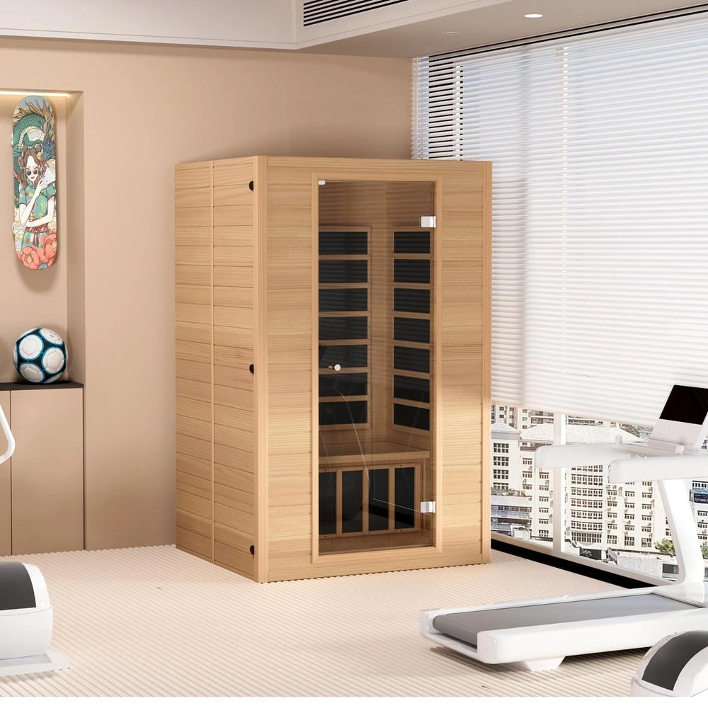 Sauna Infrarossi Lontani 2 Persone Legno Hemlock Basso EMF Vetro Temperato Bluetooth 1800W Interno