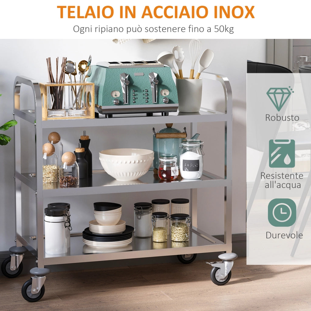 EasyComfort Carrello da Cucina 3 Ripiani Aperti 4 Ruote Omnidirezionali con 2 Freni Cuscinetti Anti-Collisione in Acciaio Inossidabile 430 Argento 90.5x50.5x88.2cm