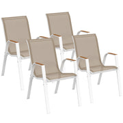 IDMarket - Set di 4 sedie da giardino impilabili NOUMEA in metallo e textilene, bianco e legno