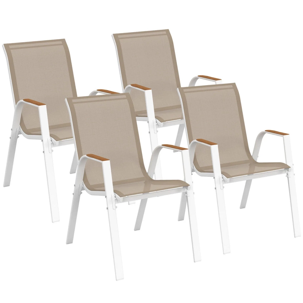 IDMarket - Set di 4 sedie da giardino impilabili NOUMEA in metallo e textilene, bianco e legno