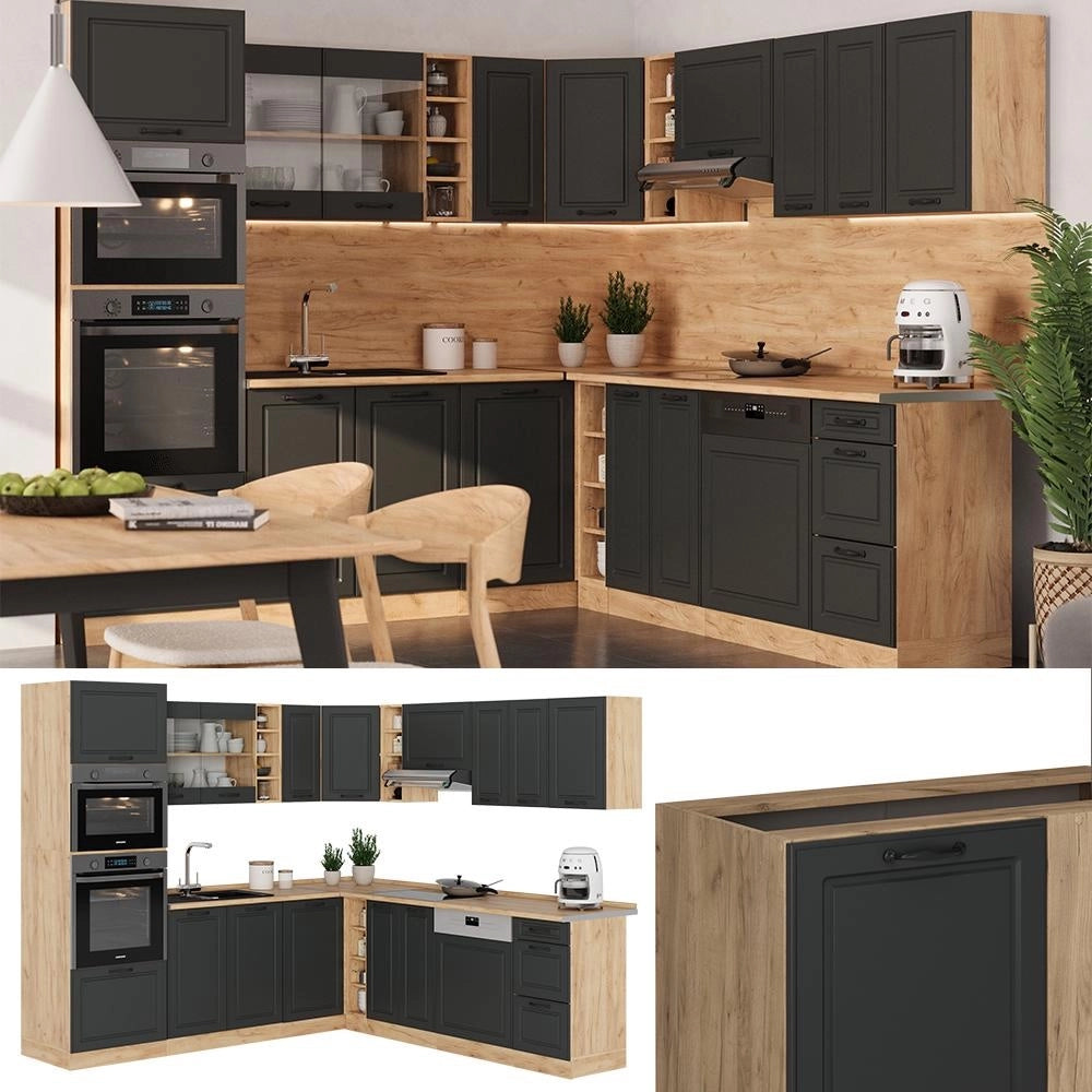 Cucina angolare completa R-Line Antracite rustico/Rovere dorato 247 x 237 cm, PL Marmo Vicco