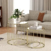 Set di 2 Tavolini Imbottiti Rotondi Moderni con Struttura in Metallo e Piano in Vetro Temperato, Tono Dorato
