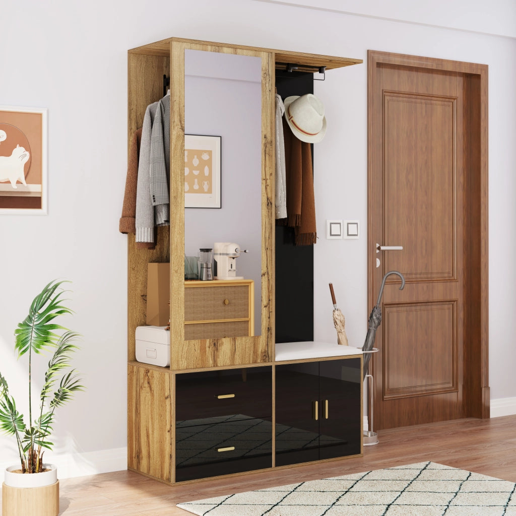 Mobile Ingresso con Specchio; Panca Scarpiera; 2 Ganci; Appendiabiti Estraibile; Lucido; Nero e Naturale; 100??38??180 cm