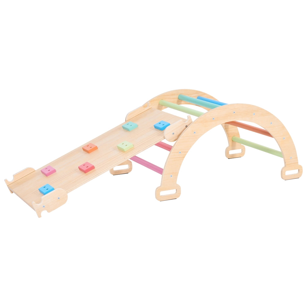 Set triangolo Pikler 3 in 1 in legno di pino marrone chiaro con arco da arrampicata e rampa per cameretta