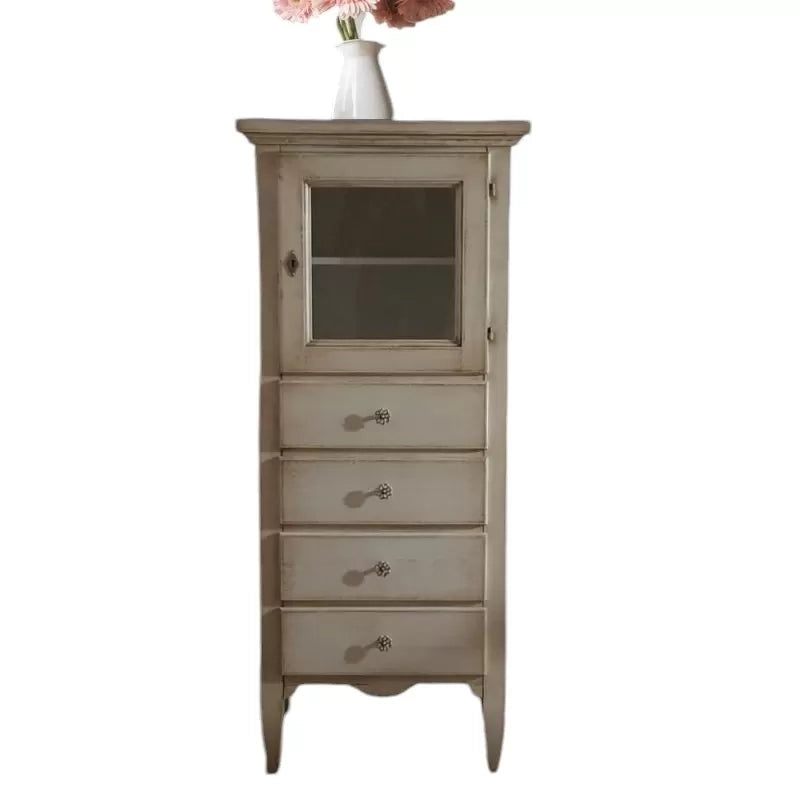 Vetrina 1 anta 4 cassetti in legno shabby bianco decapè 90x45x120 - Mobili 2G