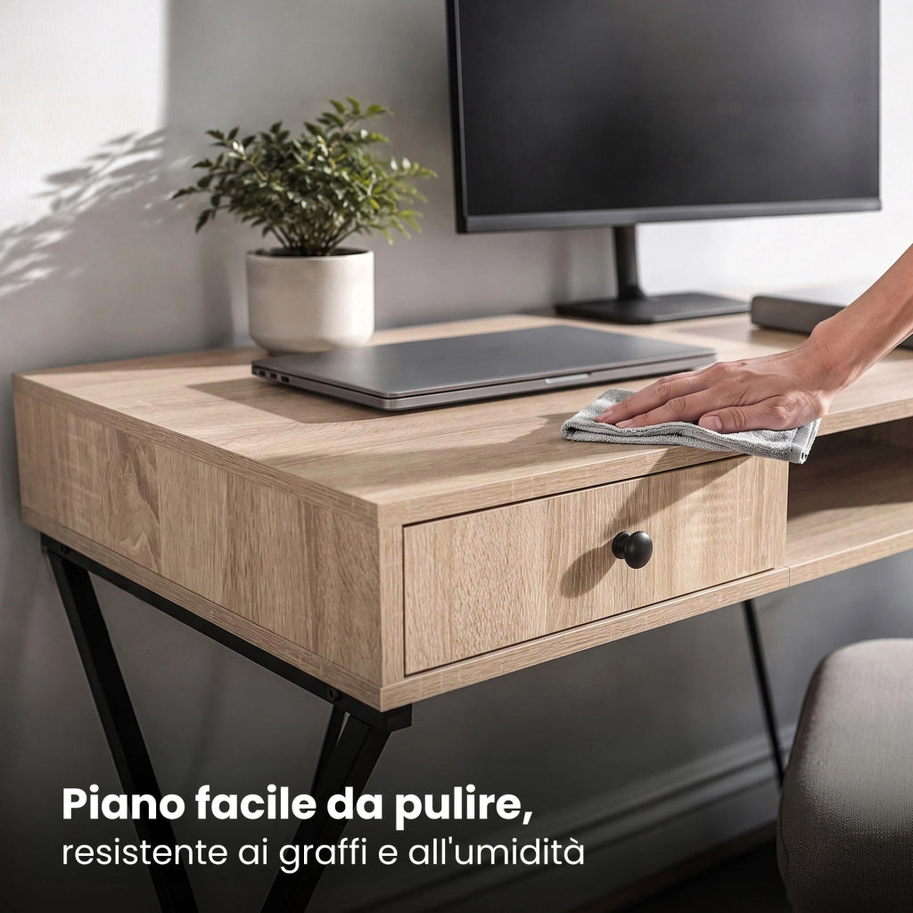 Scrivania PC industriale Rovere Sonoma CROSSLINE 120 cm 2 cassetti 1 ripiano gambe nere