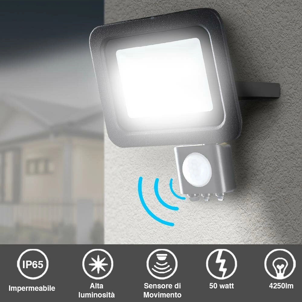 Faro LED 50W Luce Alta Luminosita 4250lm Faretto esterno con Sensore Movimento