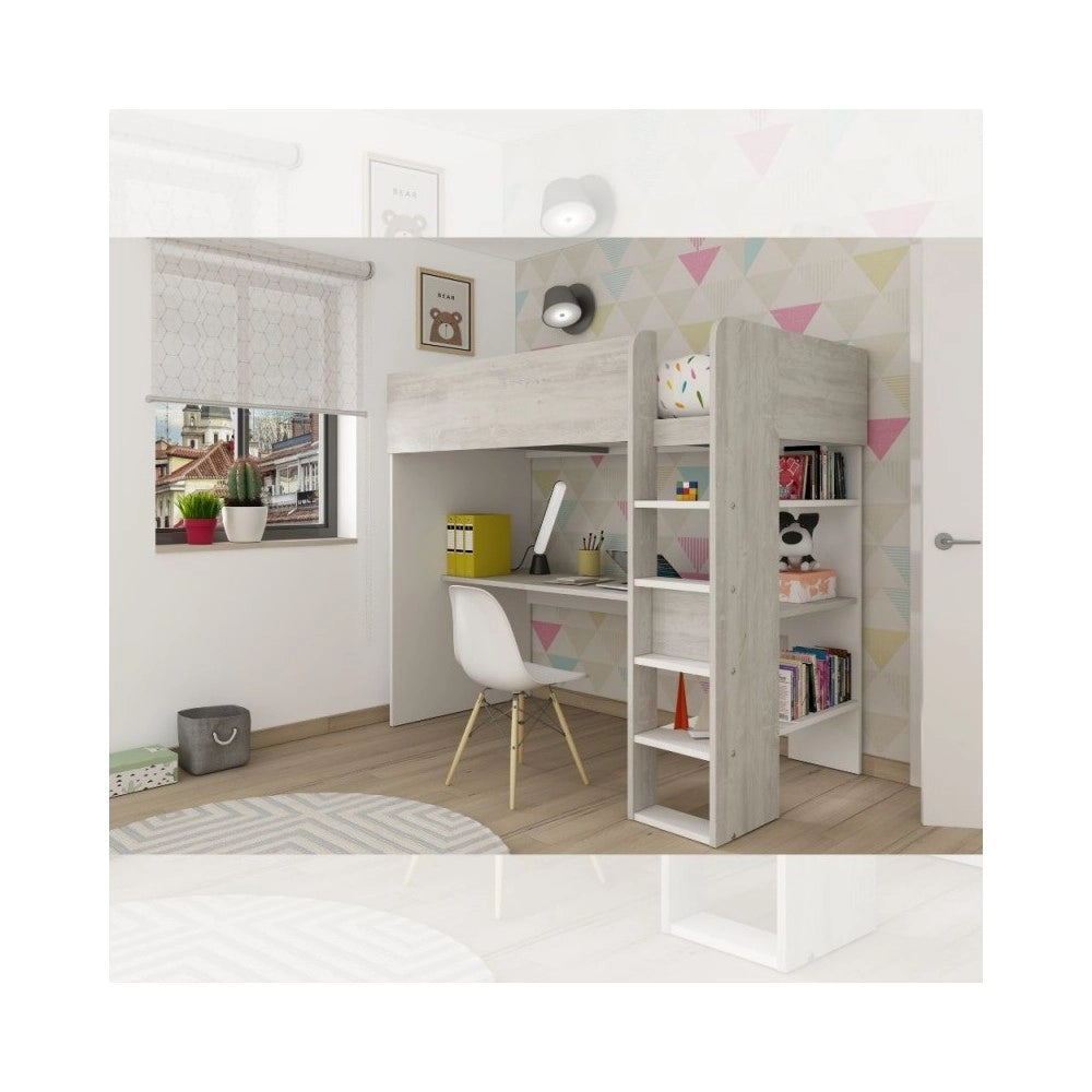 Letto a soppalco bianco consumato e bianco con scrivania 2278