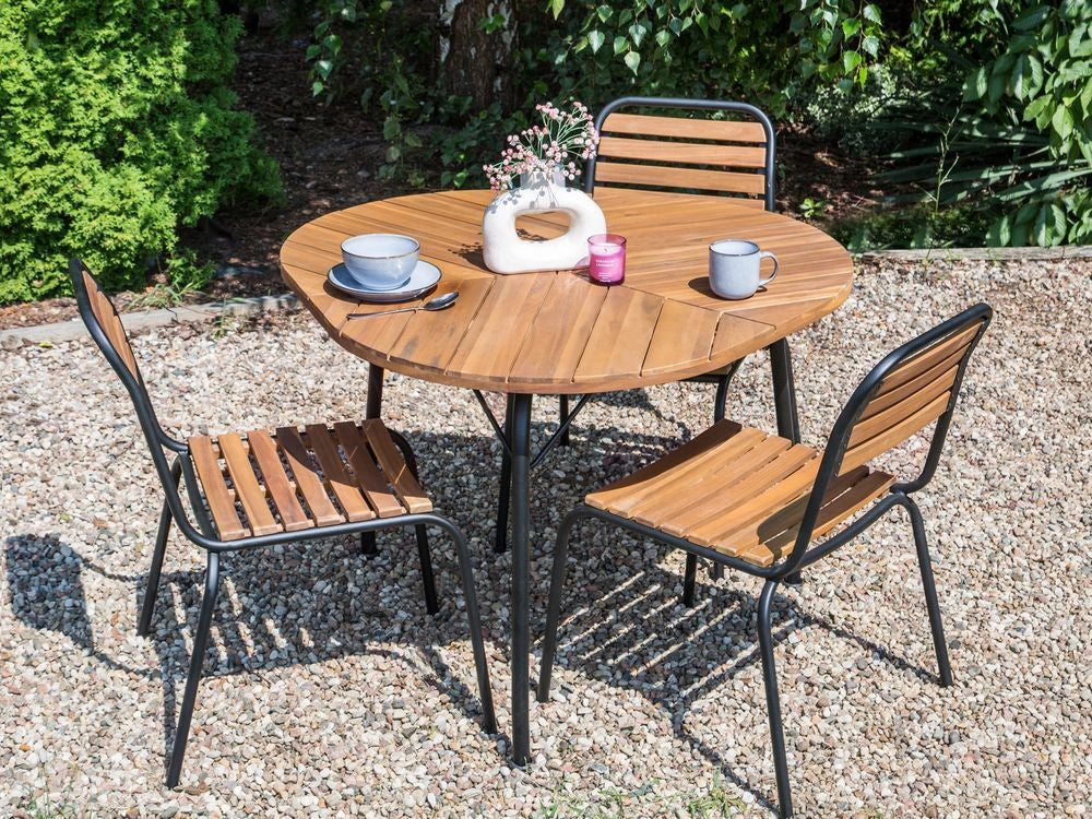 Tavolo da pranzo da giardino in legno chiaro di acacia piano rotondo 120 cm design a doghe per interni esterni