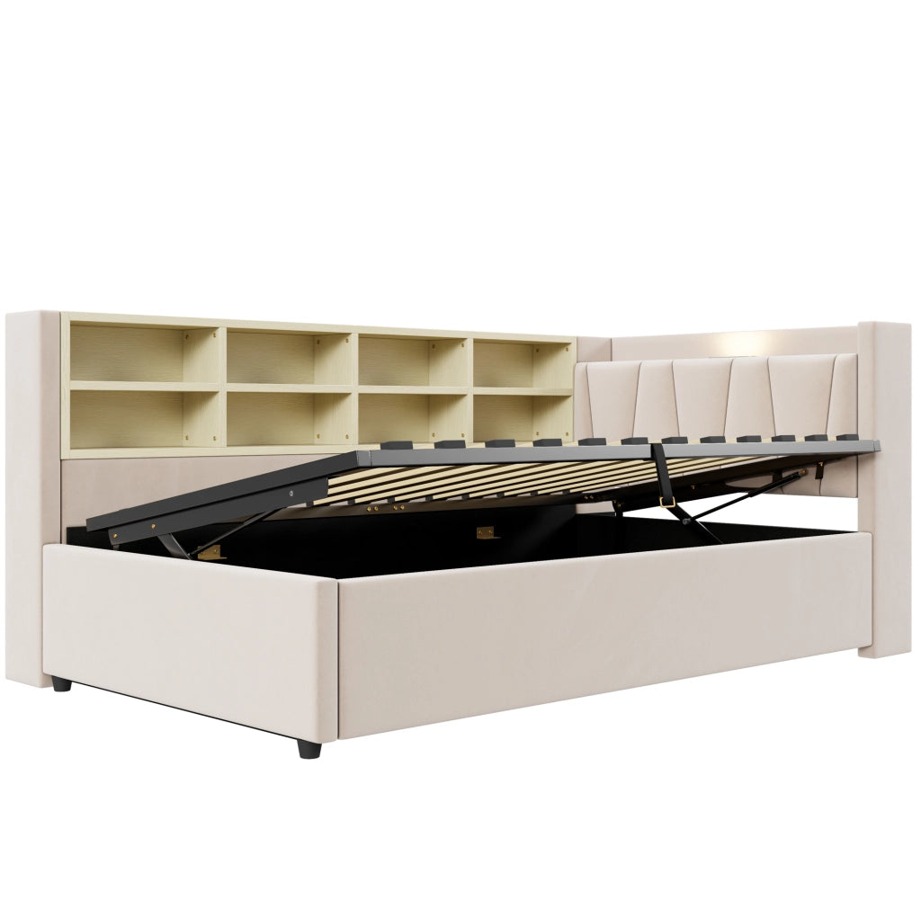 Letto imbottito singolo 90x200 cm in velluto beige con contenitore idraulico; USB e Type-C
