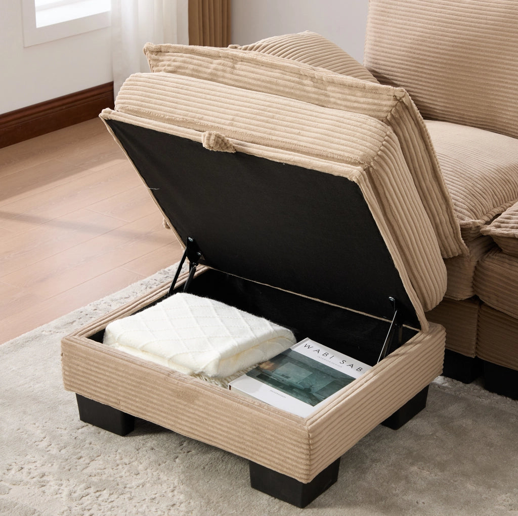 Divano modulare 2 posti in corduroy khaki con 2 pouf; porta USB-C e tasche laterali
