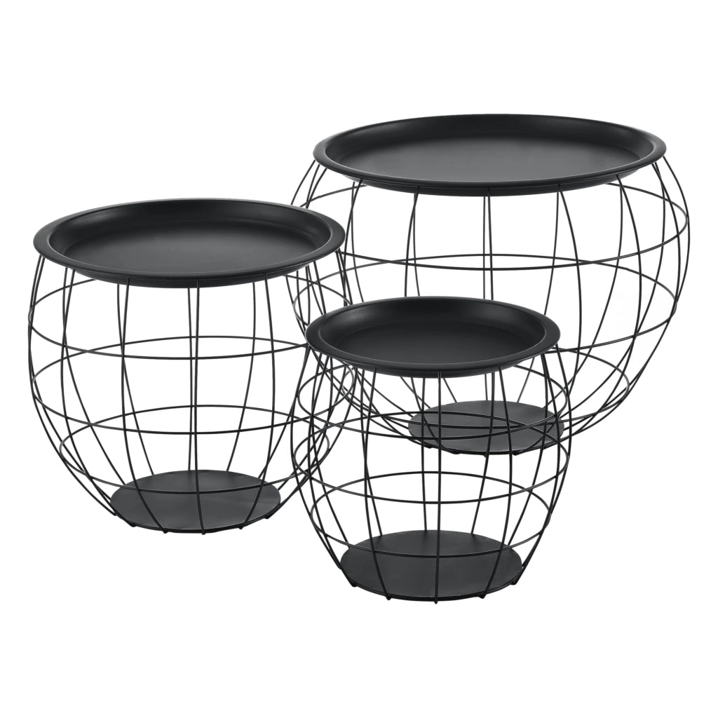 Set di 3 tavolini impilabili Neman con cestini in metallo varie misure nero 03_0008535