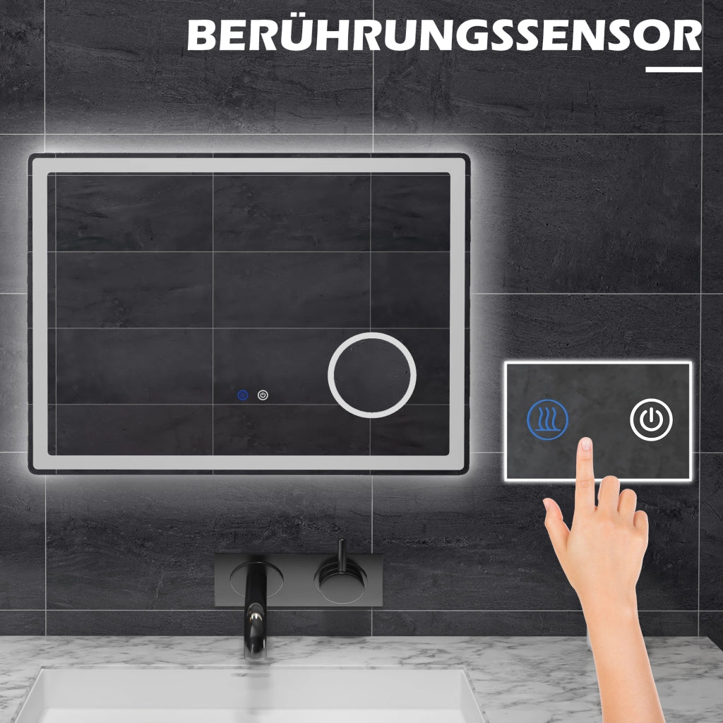 Specchio da bagno a LED con ingrandimento 3x e funzione touch, 80x60 cm, 3 colori di luce, antiappannamento.