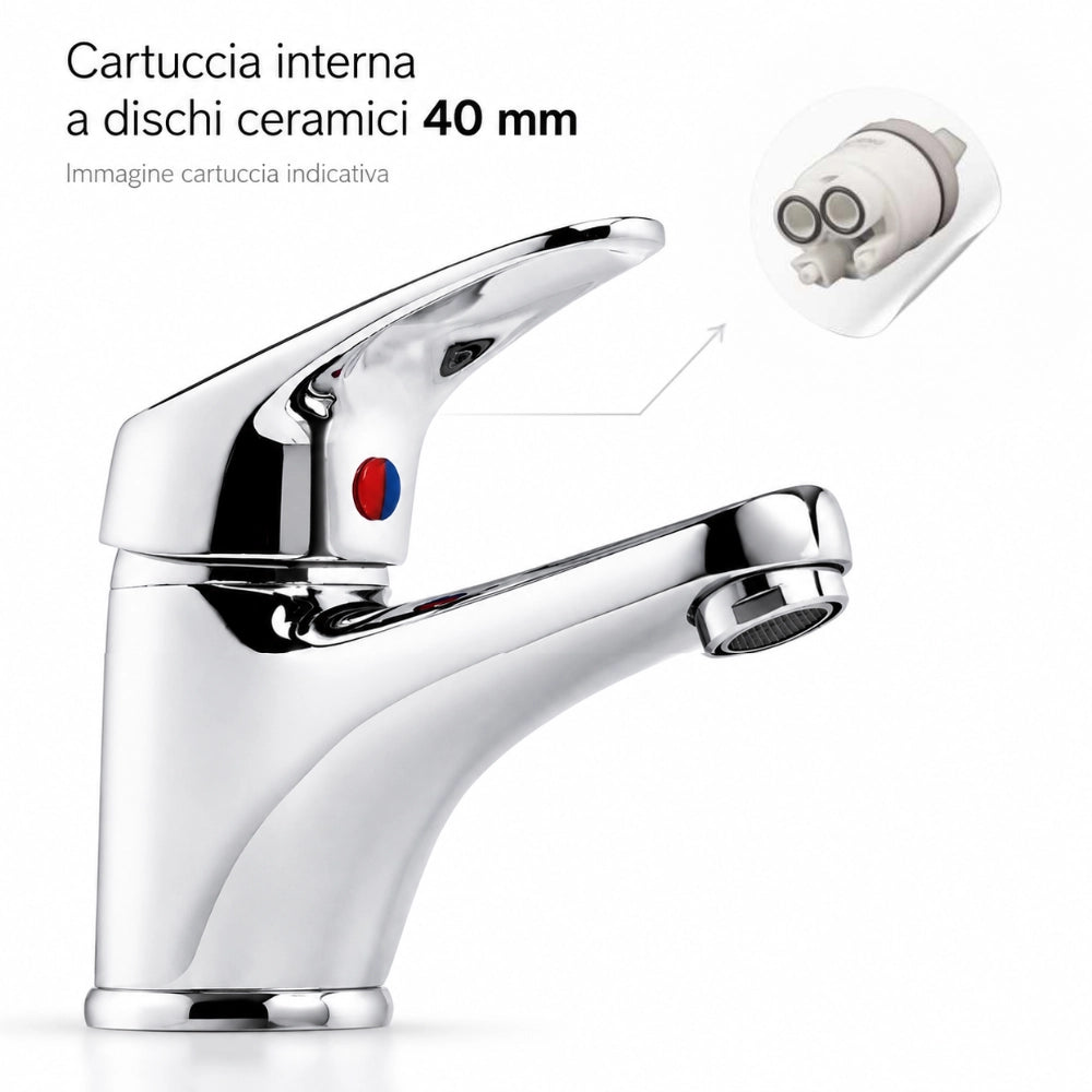 Fortunato rubinetto miscelatore lavabo ottone cromato con piletta e cartuccia 40mm