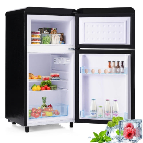 Frigorifero retrò; frigorifero a doppia porte; volume totale 72L; compartimento congelatore 21L; luce LED; efficiente energetico; nero