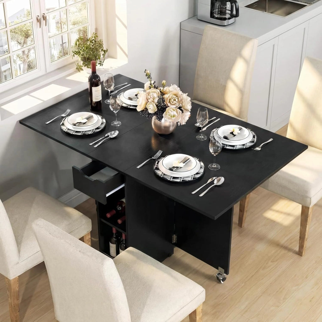 Tavolo da Pranzo Pieghevole, Tavolo Salvaspazio per 4-6 Persone con 2 Ripiani, Cassetto e Ruote a Freno, Tavolino Cucina per Cucina, Soggiorno e Ufficio, 120 x 72 x 75 cm (Nero)