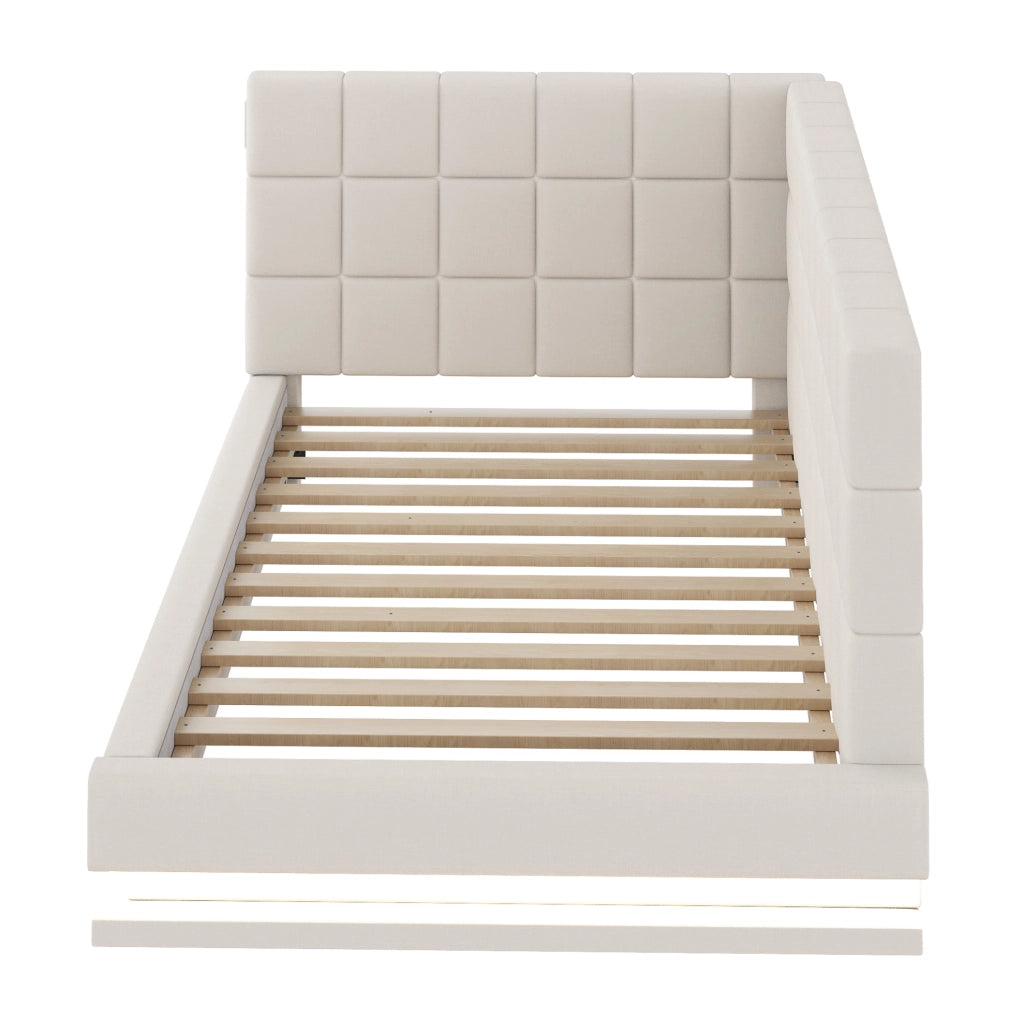 Divano letto imbottito 90x200 cm con LED, USB e rete a doghe