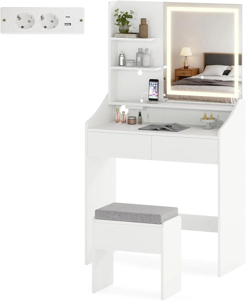 Set da Trucco con Sgabello, Tavolo da Trucco con Specchio Illuminato a LED, 3 Scaffali Aperte e 2 Cassetti, Stazione di Ricarica Integrata, per Salone, Camera da Letto, Bianco