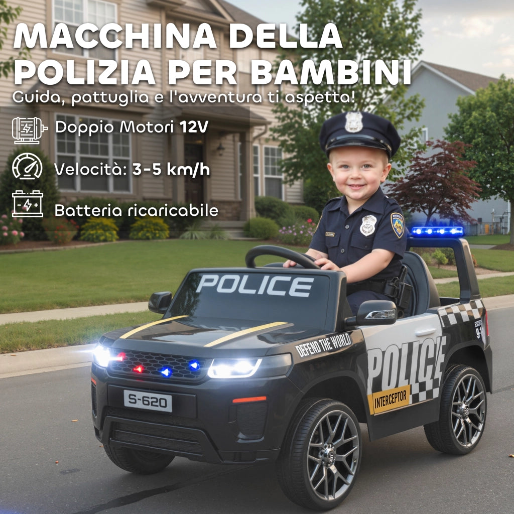 Auto Polizia Bambini Elettrica 12V ¨C zephmum ¨C Nero con Telecomando e Luci