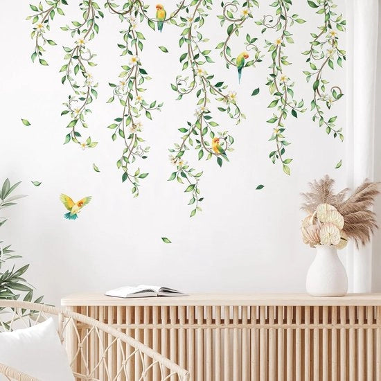 Decorazione per Parete con Viti da Vino in Sospensione - Piante Verdi e Fiori Bianchi - Decorazione per Camera da Letto e Ufficio