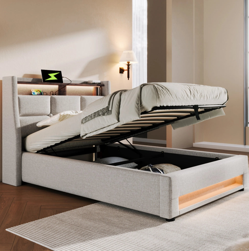 Letto matrimoniale imbottito 90x200 cm con USB e LED; effetto lino beige chiaro