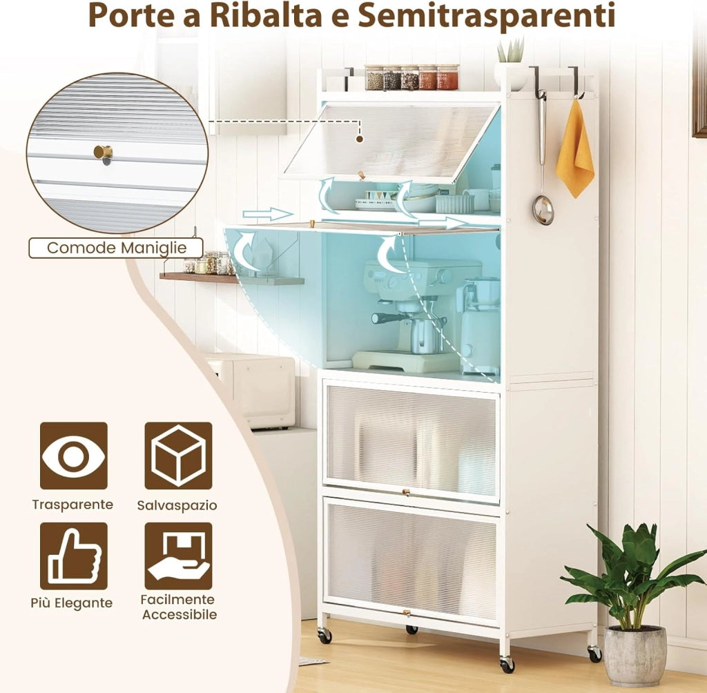 Armadio da Cucina a 5 Ripiani, Mobile Dispensa Cucina con Ruote Girevoli, 4 Porte PC a Ribalta e 4 Ganci, Mensola Microonde in Metallo per Soggiorno, Cucina, Sala da Pranzo (Bianco)