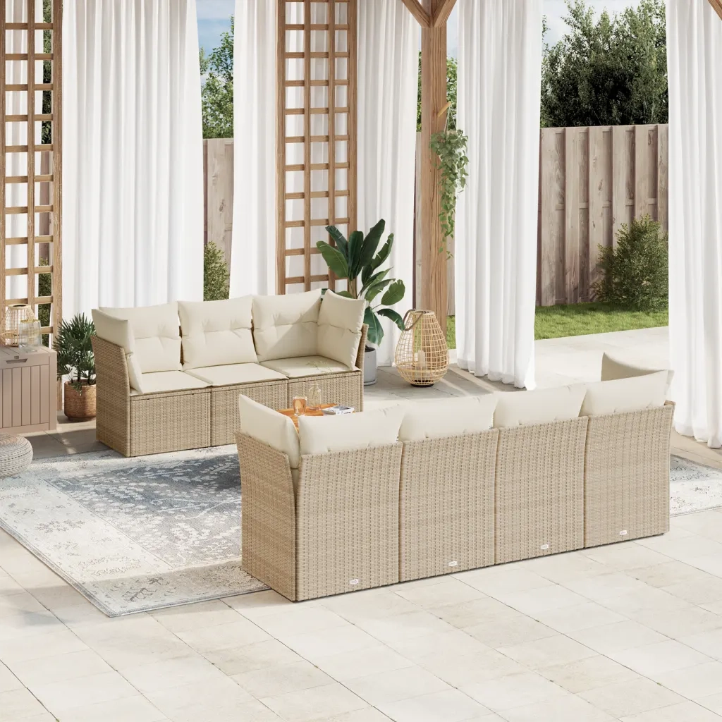 Set Divano da Giardino 8 pz con Cuscini Beige in Polyrattan