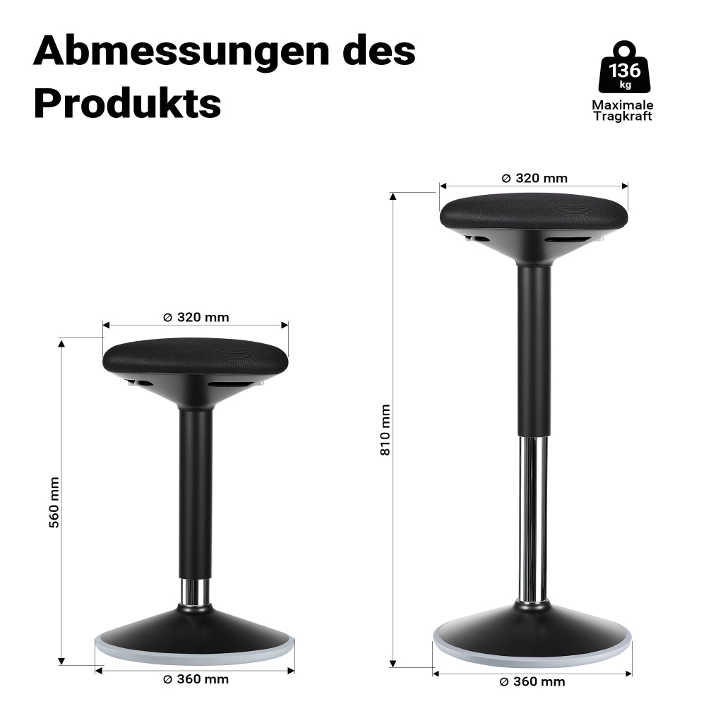 Sgabello sit stand nero, sgabello girevole regolabile in altezza fino a 80 cm, max 135 kg, sgabello ergonomico per casa, ufficio, officina