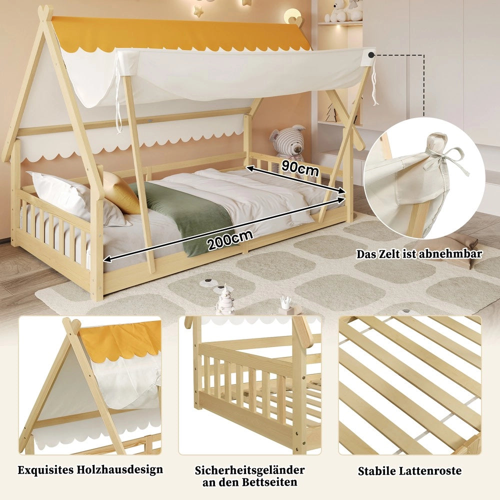 Letto Singolo per Bambini a Casetta ¨C MINIMAL ¨C Pino e Multistrato, 90x200, Naturale