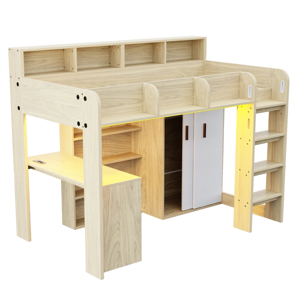 Letto a soppalco ULEVR 90x200 cm con scrivania, armadio, LED e presa integrata, color legno