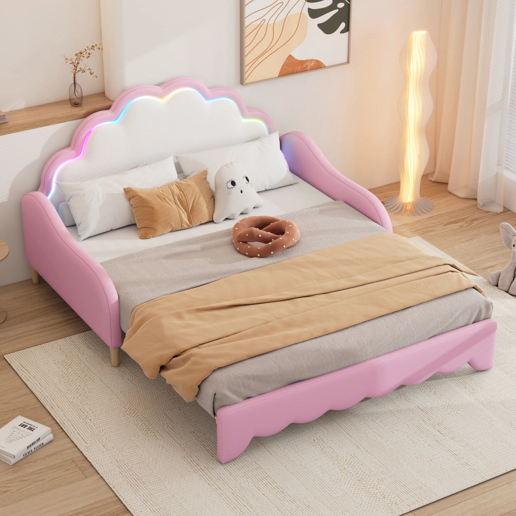 OKWISH Letto Combinato 140×198 cm, Letto Matrimoniale convertibile con LED Multicolore e Testiera, senza Materasso, in PU, Rosa