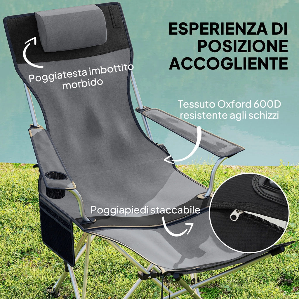 Set 2 Sedie da Campeggio 82x50-100x88 cm Pieghevoli con Poggiapiedi e Portabicchieri in Tessuto Oxford Grigio