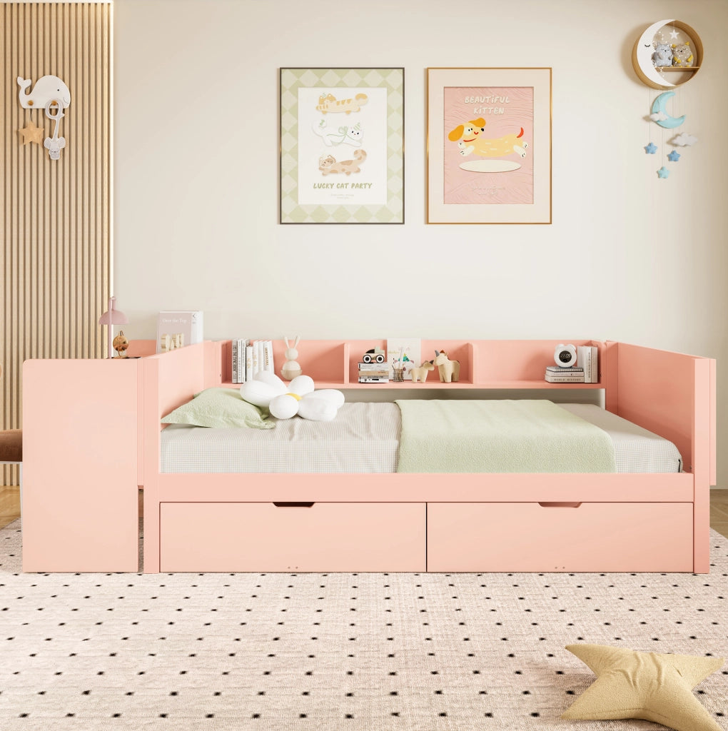 Letto singolo 90x200 cm con scrivania, 2 cassetti e 3 mensole rosa