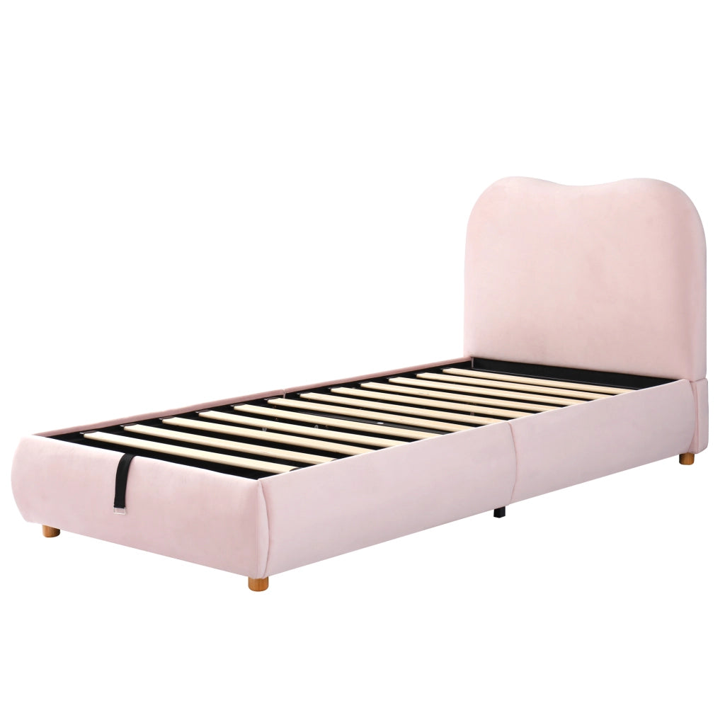 Letto imbottito singolo per bambini 90x200 cm in velluto rosa con contenitore idraulico e rete a doghe