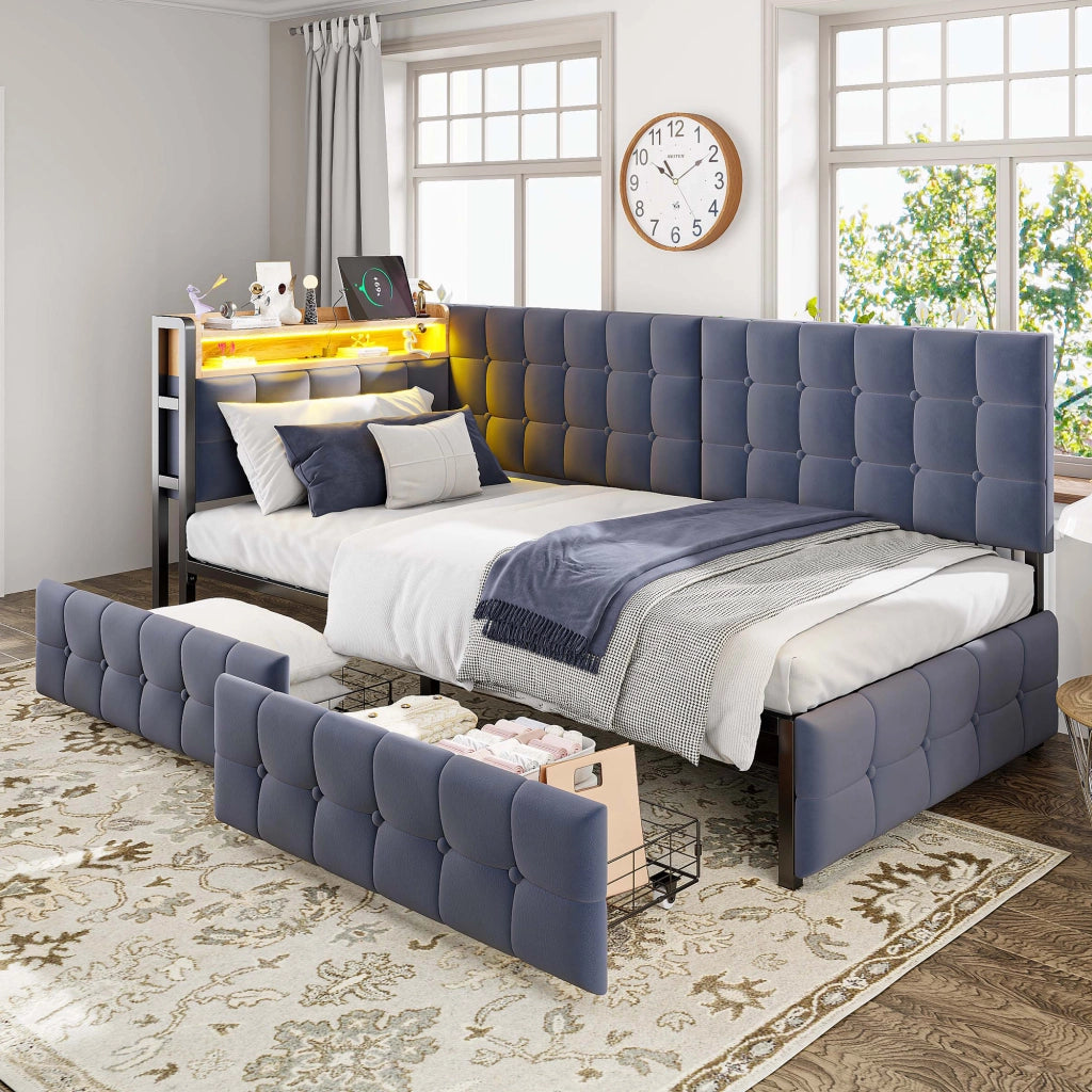 Divano letto imbottito 90x200 cm grigio con 2 cassetti, LED integrato e porte USB/Type-C