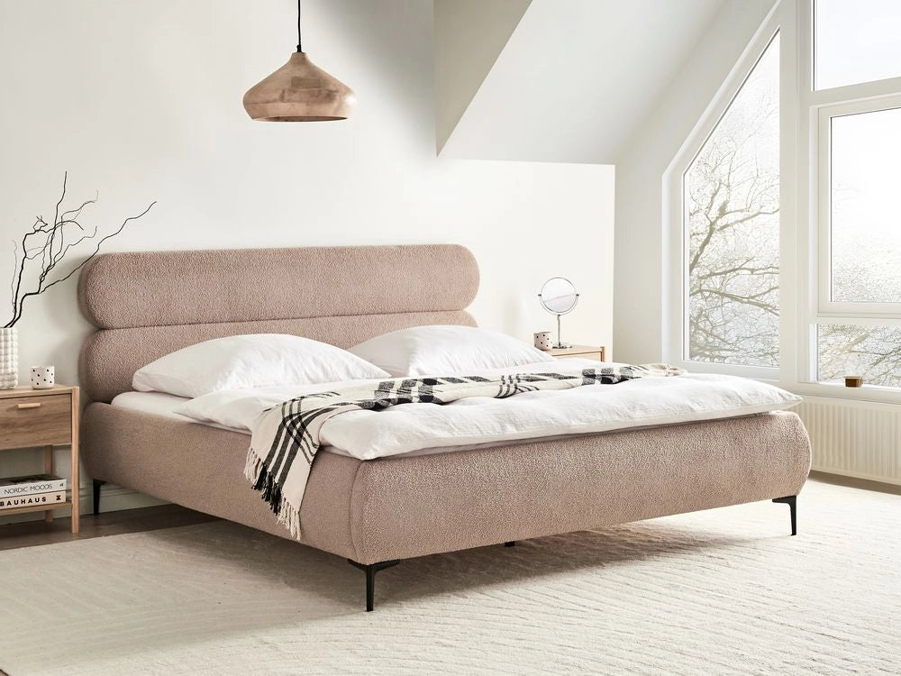 Letto con rete bouclé tortora 180 x 200 cm testata gambe in metallo nero camera da letto classica minimalista