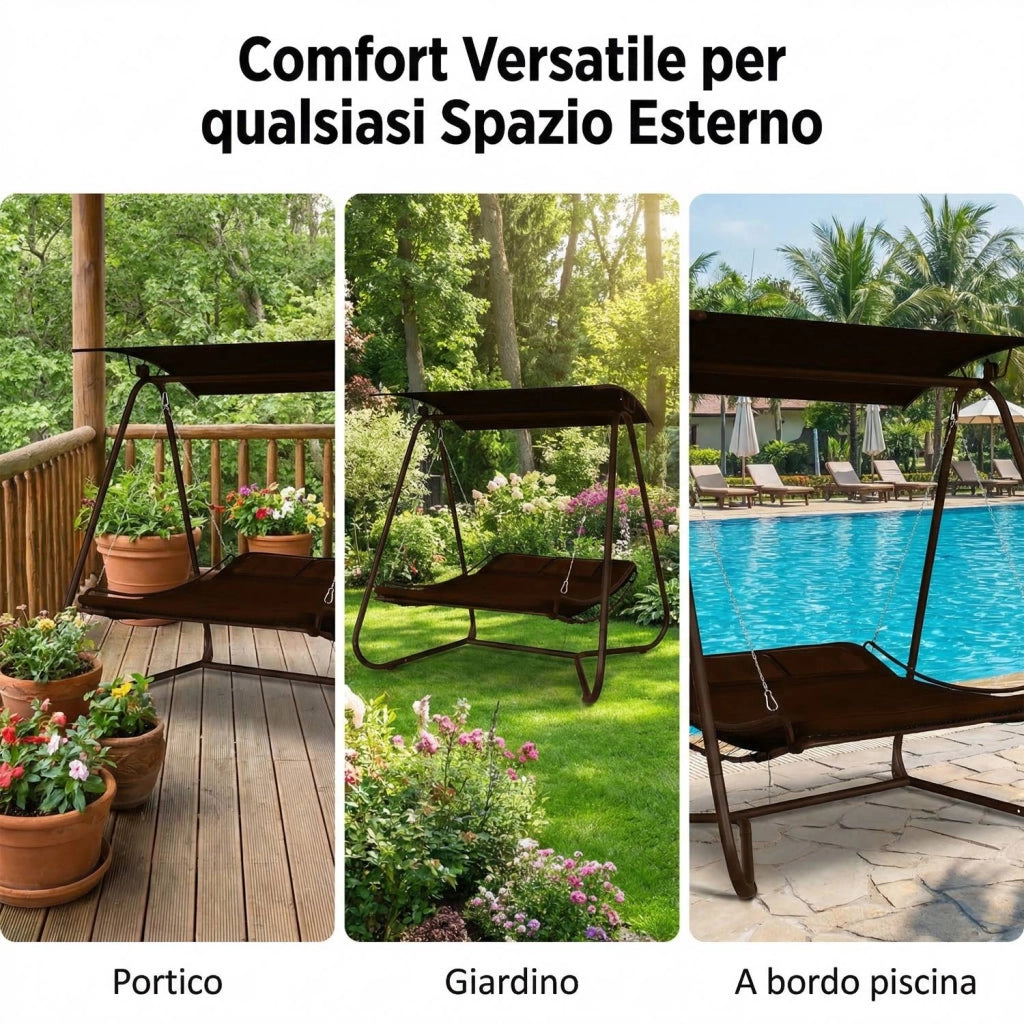 Dondolo Amaca Letto 2 Posti da Giardino con Tetto Parasole Struttura in Acciaio e Seduta Imbottita in Textilene per Terr
