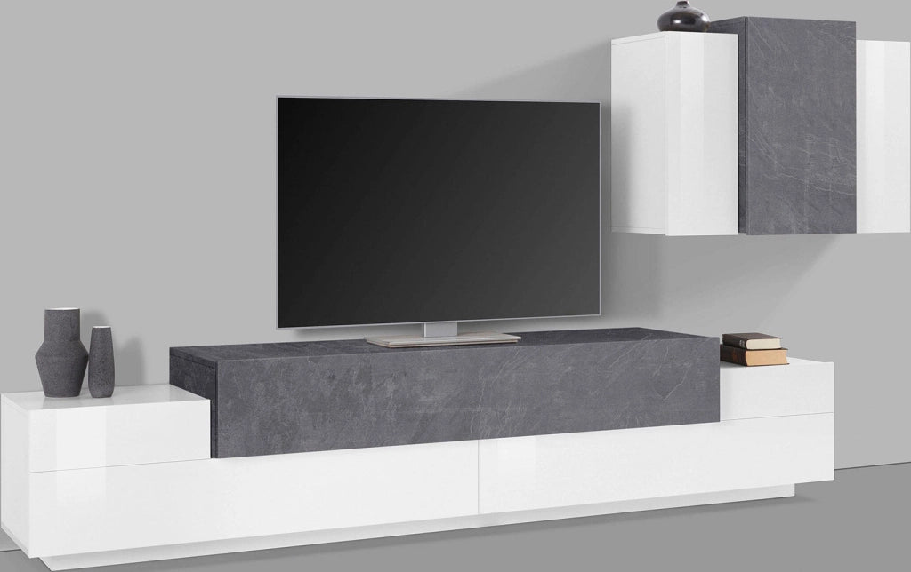 Parete Attrezzata Soggiorno Porta TV 240x45x51,6 cm con Pensile Coro Bianco Lucido e Ardesia