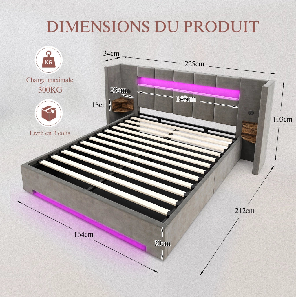 Letto matrimoniale 160x200 cm con contenitore idraulico; LED e USB in velluto grigio scuro