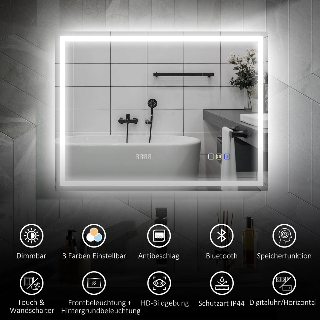 Specchio da Bagno LED con Antiappannamento, Orologio, 3 Colori Regolabili ¨C zephmum ¨C 600x800 mm, Argento