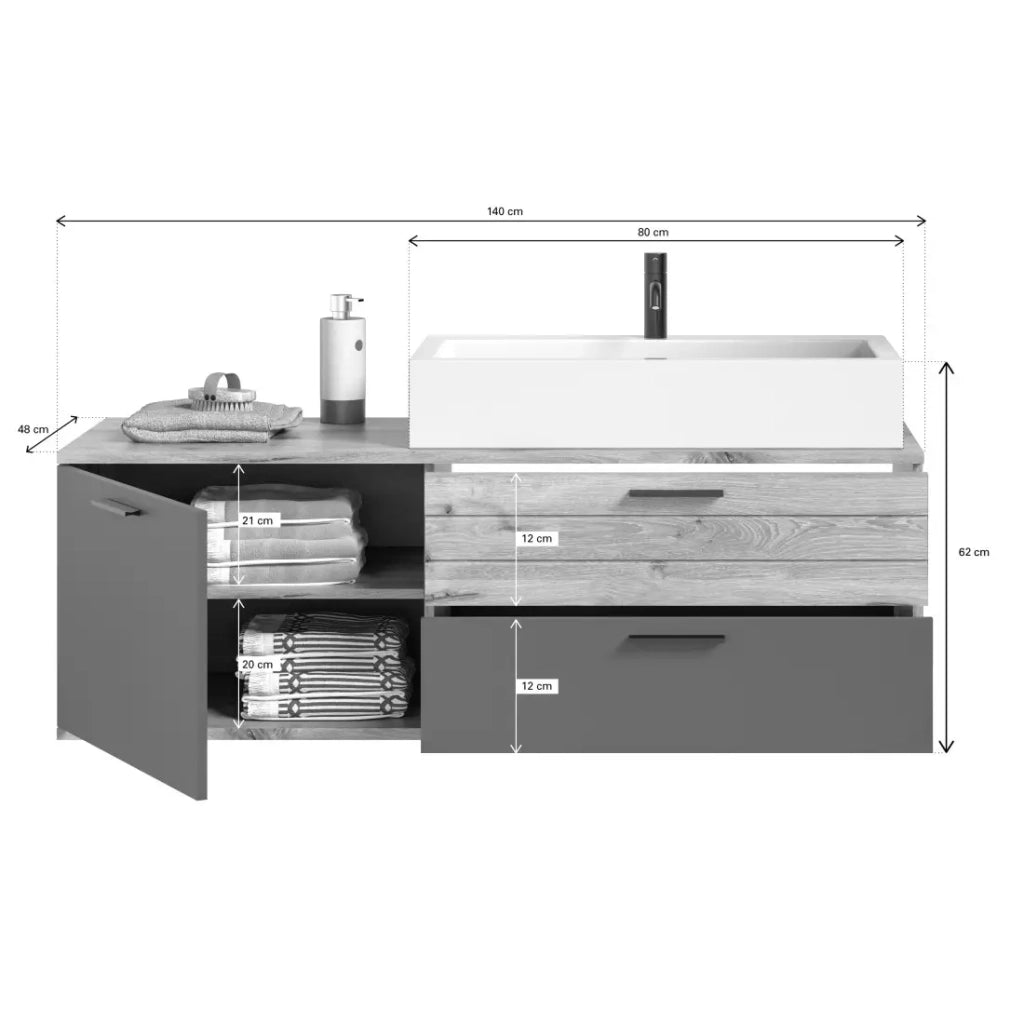 Set da bagno: mobile sotto lavabo + mezza colonna + specchio - Grigio antracite e rovere chiaro - SELMA