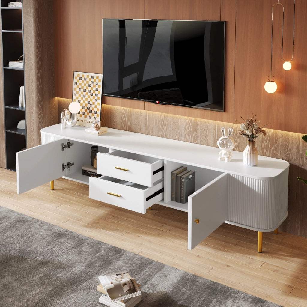Mobile TV 170x34x45 cm; angoli arrotondati e lati ondulati; 2 cassetti e 2 ante; MDF bianco