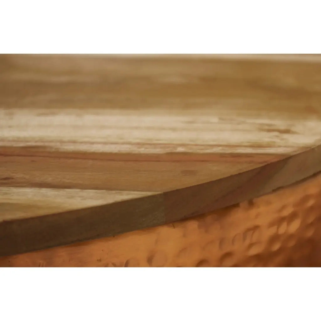 Tavolino basso TRIANE 60 cm con contenitore – Piano in legno di acacia e struttura in alluminio rame martellato