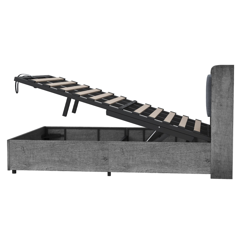 Letto Contenitore Letto Singolo 180 x 200 cm con USB; Type-C e Testiera con Ripiani; Grigio