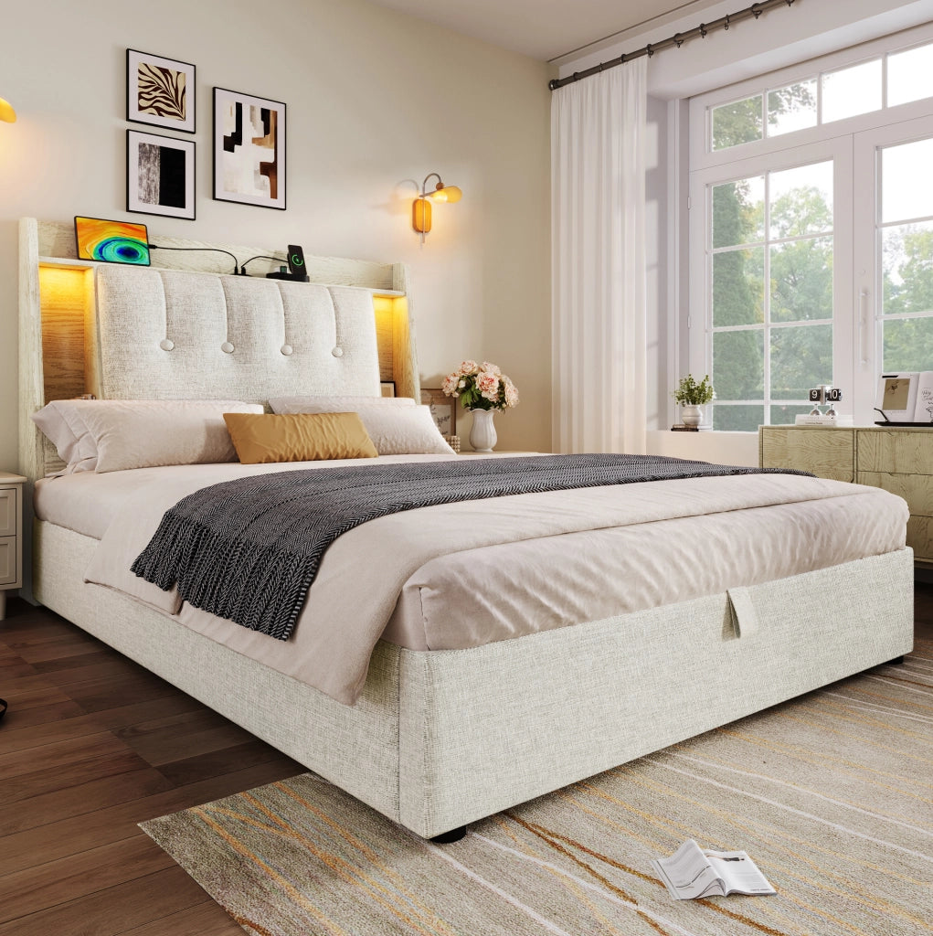 Letto imbottito 90x200 cm beige con LED, USB-C e vano contenitore